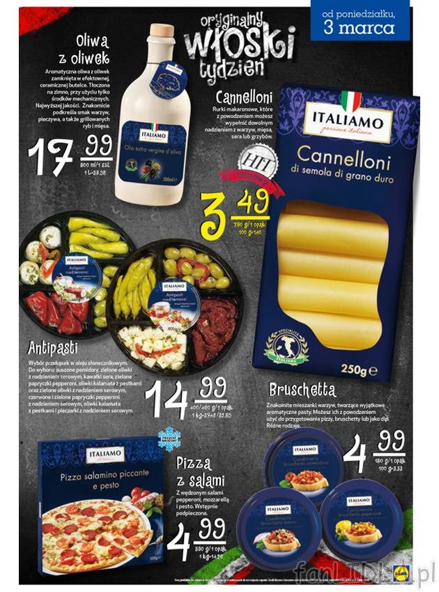 Oliwa z oliwek, cannelloni, antipasti, pizza z salami, bruschetta