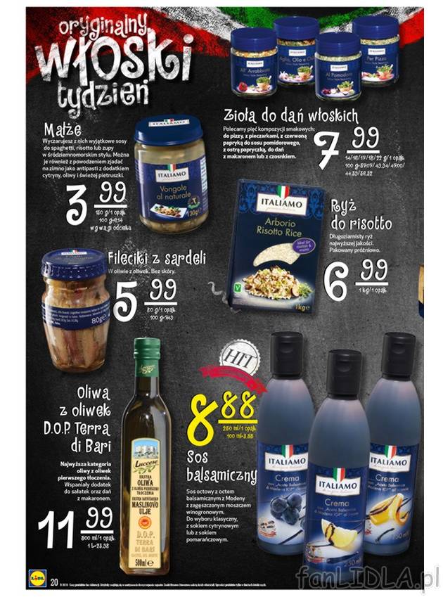 Zioła do dań włoskich, małże, fileciki z sardeli, ryż do risotto, sos balsamiczny, ...