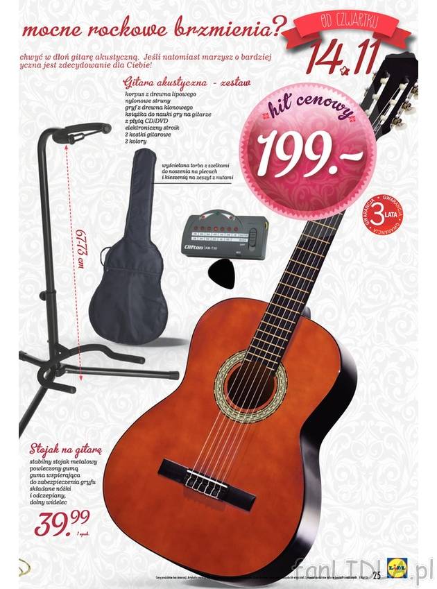Gitara akustyczna w zestawie do kupienia w Lidlu. Do wyboru w dwóch kolorach. Korpus ...