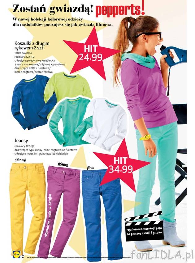Kolorowe bawełniane koszulki z długim rękawem. Jeansy typu skinnyoraz slim w ...