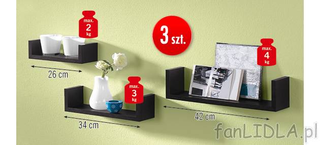 Komplet 3 półek na ścianę Livarno, cena 39,99 PLN za 3 szt. 
- wygląd drewna ...