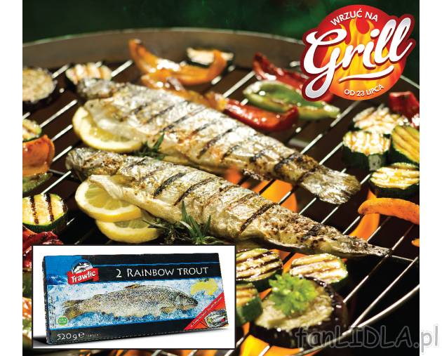 Pstrąg , cena 12,99 PLN za 520 g 
- Na tacce aluminiowej z mieszanką przypraw. ...