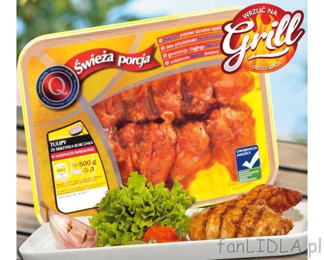 Tulipy ze skrzydła kurczaka , cena 5,99 PLN za 500 g 
-  W marynacie paprykowej