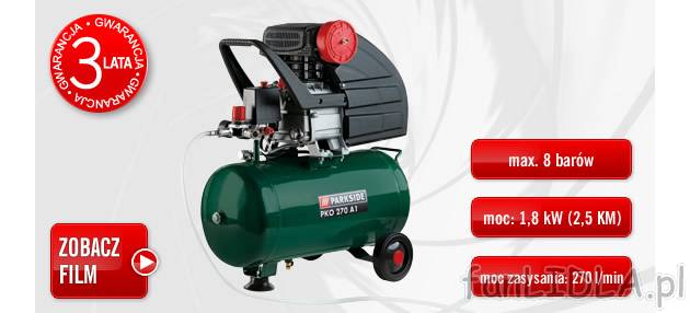 Kompresor olejowy o mocy 1,8 KW Parkside, cena 379,00 PLN za 1 opak. 
- niskowibracyjny, ...