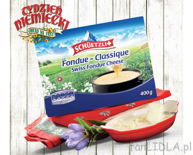 Fondue klasyczne , cena 16,99 PLN za 400 g/1 opak. 
-  Pyszne i klasyczne danie fondue.