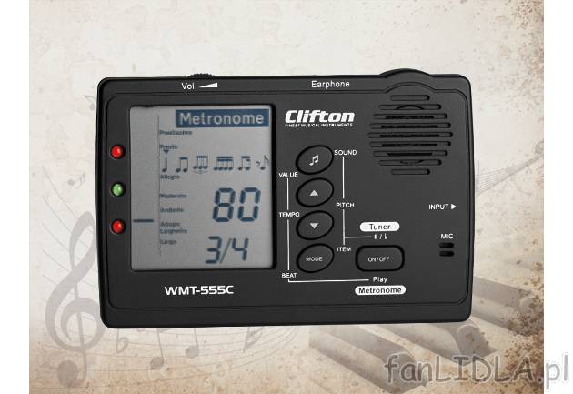 Metronom WMT-555C, cena 39,99 PLN za 1 szt. 
- 3 w 1: cyfrowy stroik, metronom ...