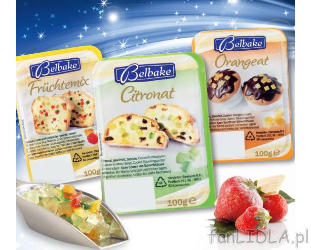 Kandyzowane owoce , cena 2,49 PLN za 100 g/1 opak. 
-  Różne rodzaje.