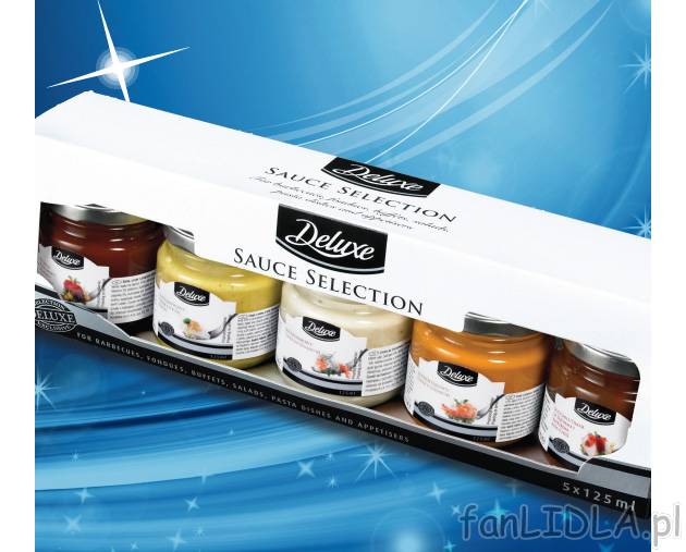 Zestaw sosów , cena 14,99 PLN za 5x125 ml/1 opak. 
- sos salsa, egzotyczny, czosnkowy, ...