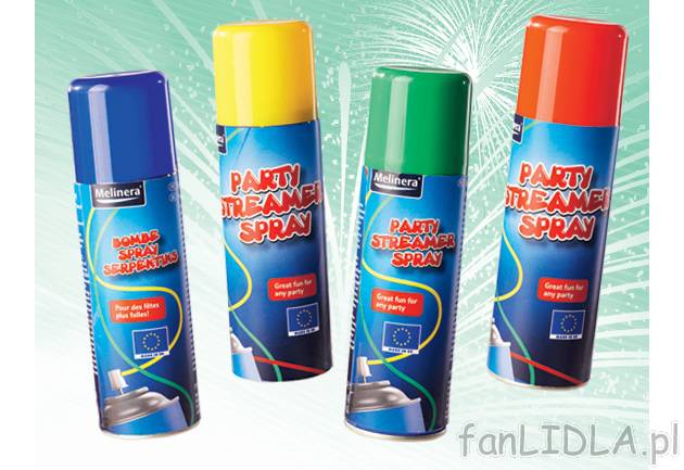Serpentyna w sprayu Melinera, cena 8,99 PLN za 1 szt. 
- kolory: czerwona, żółta, ...