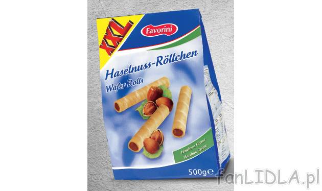 Rurki waflowe , cena 6,99 PLN za 500 g/1 opak. 
-  Z nadzieniem orzechowym.