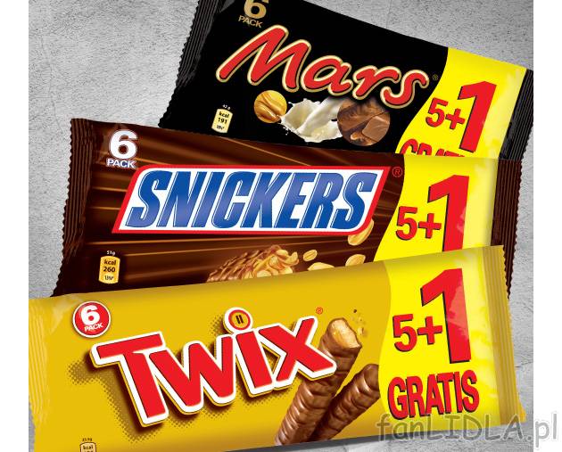 Baton Twix, Mars lub Snickers , cena 5,55 PLN za 282/306 g/1 opak. 
- 6 sztuk w ...