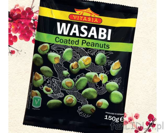 Orzeszki wasabi , cena 3,99 PLN za 150 g 
- Prażone w chrupiącej, bardzo pikantnej ...