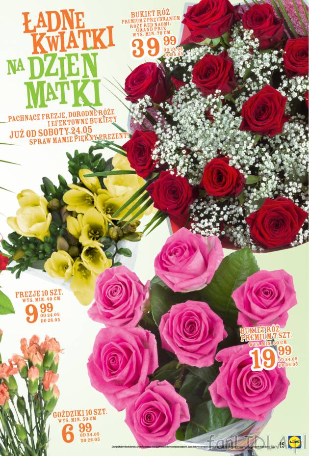 Śliczne frezje, goździki i różowe róże ucieszą każdą mamę.