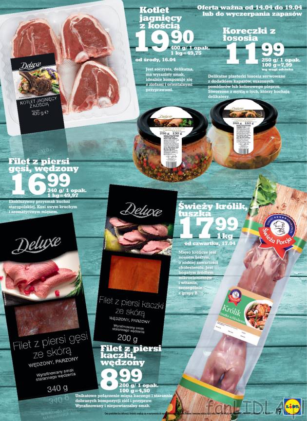 Kotlet jagnięcy z kością, koreczki z łososia, filet z piersi gęsi, wędzony, ...