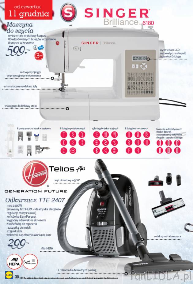 Maszyna do szycia Brilliance 6180 marki Singer z wyświetlaczem LCS, odkurzacz TTE 2407.