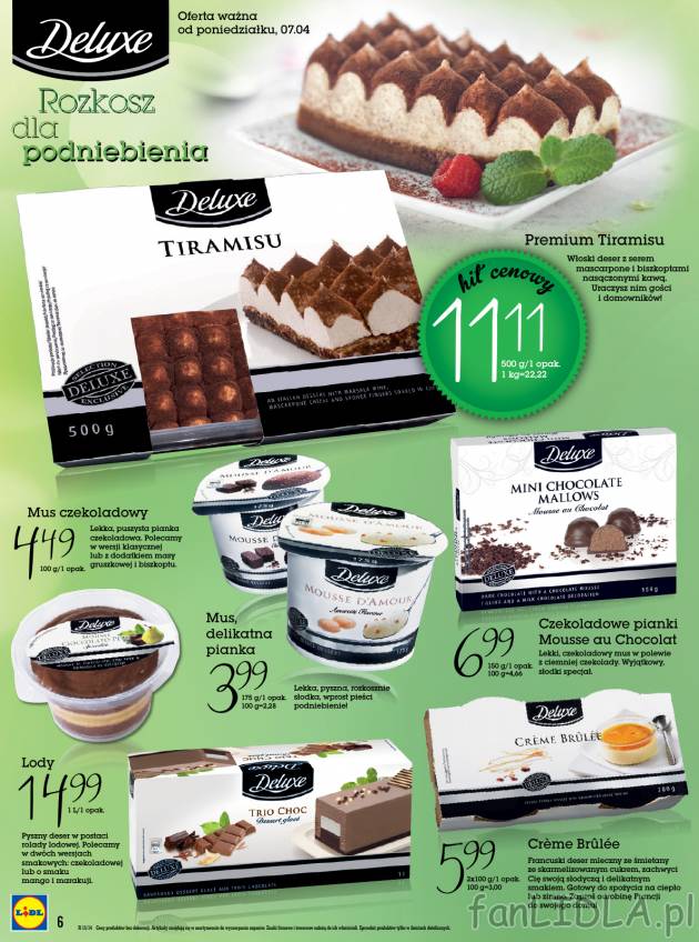 Pyszne desery marki Deluxe - Tiramisu, mus czekoladowy, czekoladowe pianki, lody ...