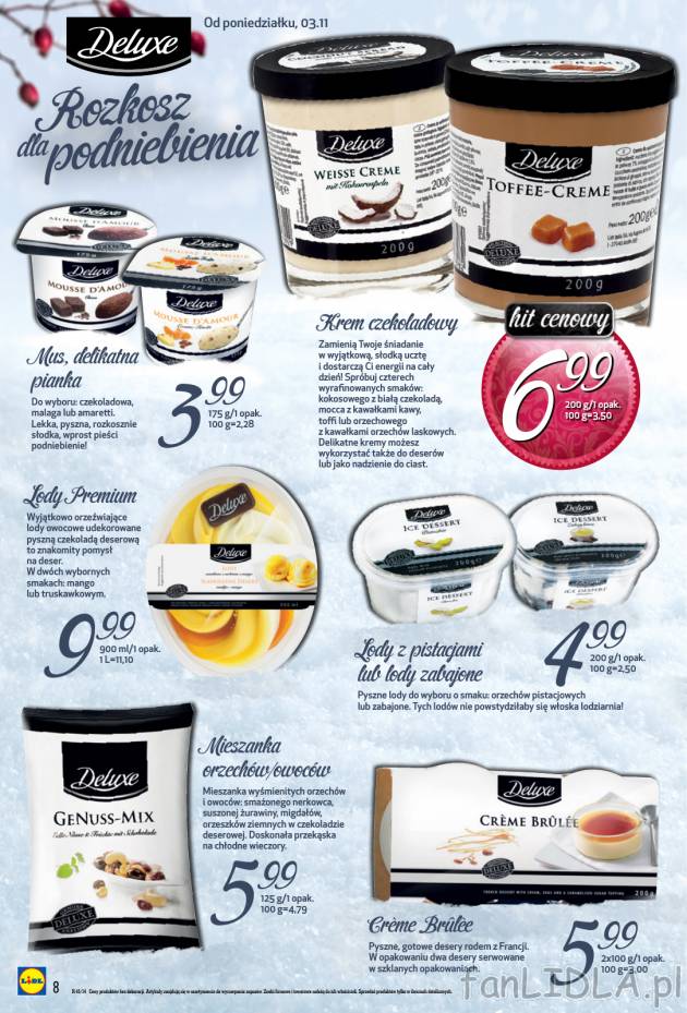 Pyszny deser z marką Deluxe - lody pistacjowe, krem czekoladowe z dodatkami: kokos, ...