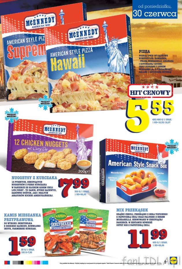 Amerykańska pizza za 5,55 zł i pudełko nuggetsów z kurczaka za 7,99 zł.